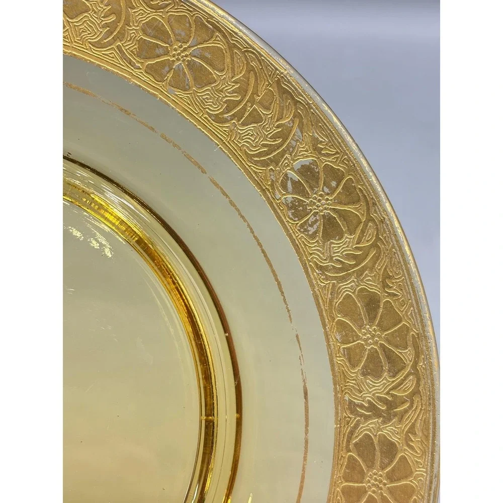 Vintage Glass Plate Gold Encrusted Floral Rim 7.25 Inch Yellow‎